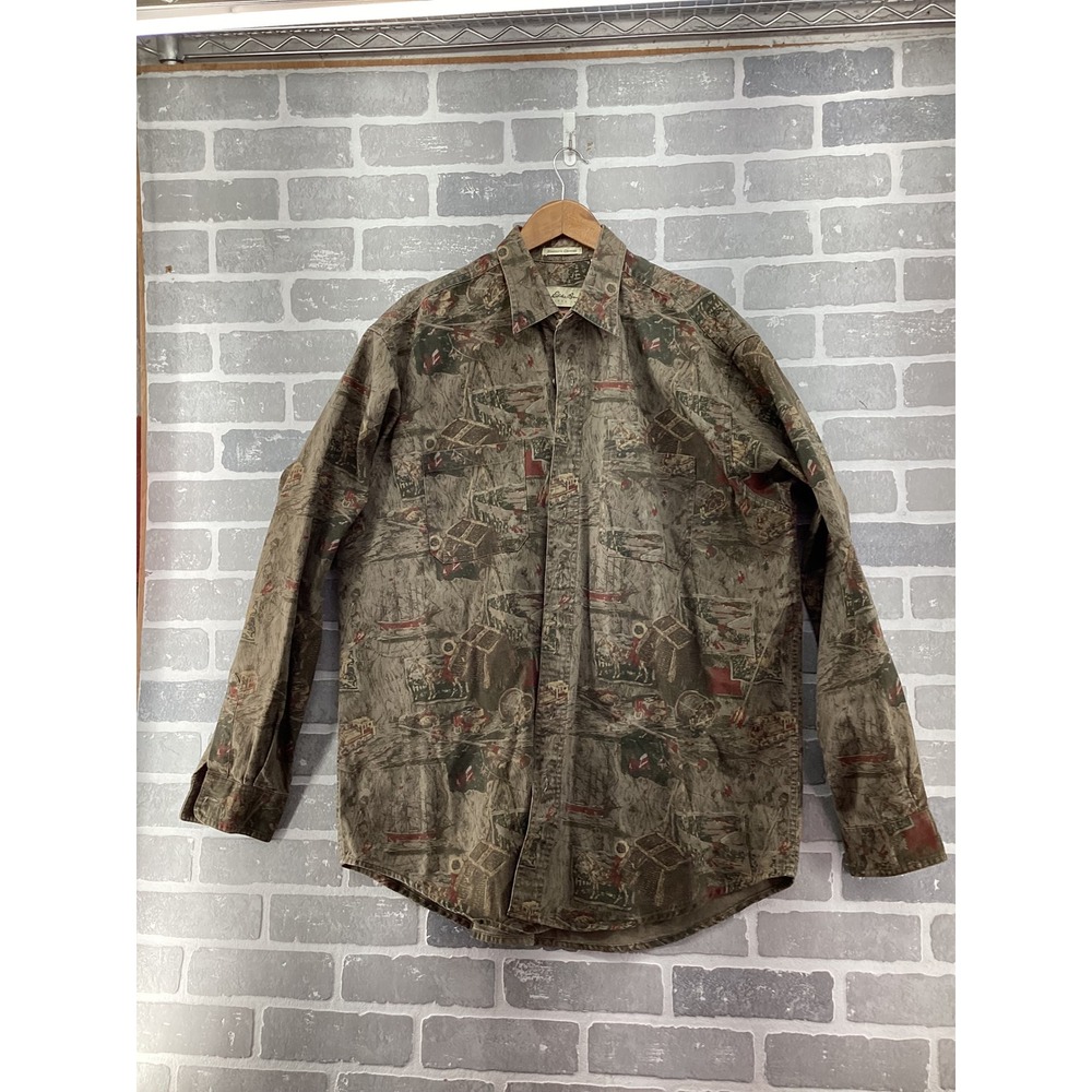 Eddie Bauer Elkborn Canvas Mens XL Tall Green Outdoor Print Button Down Shirt
